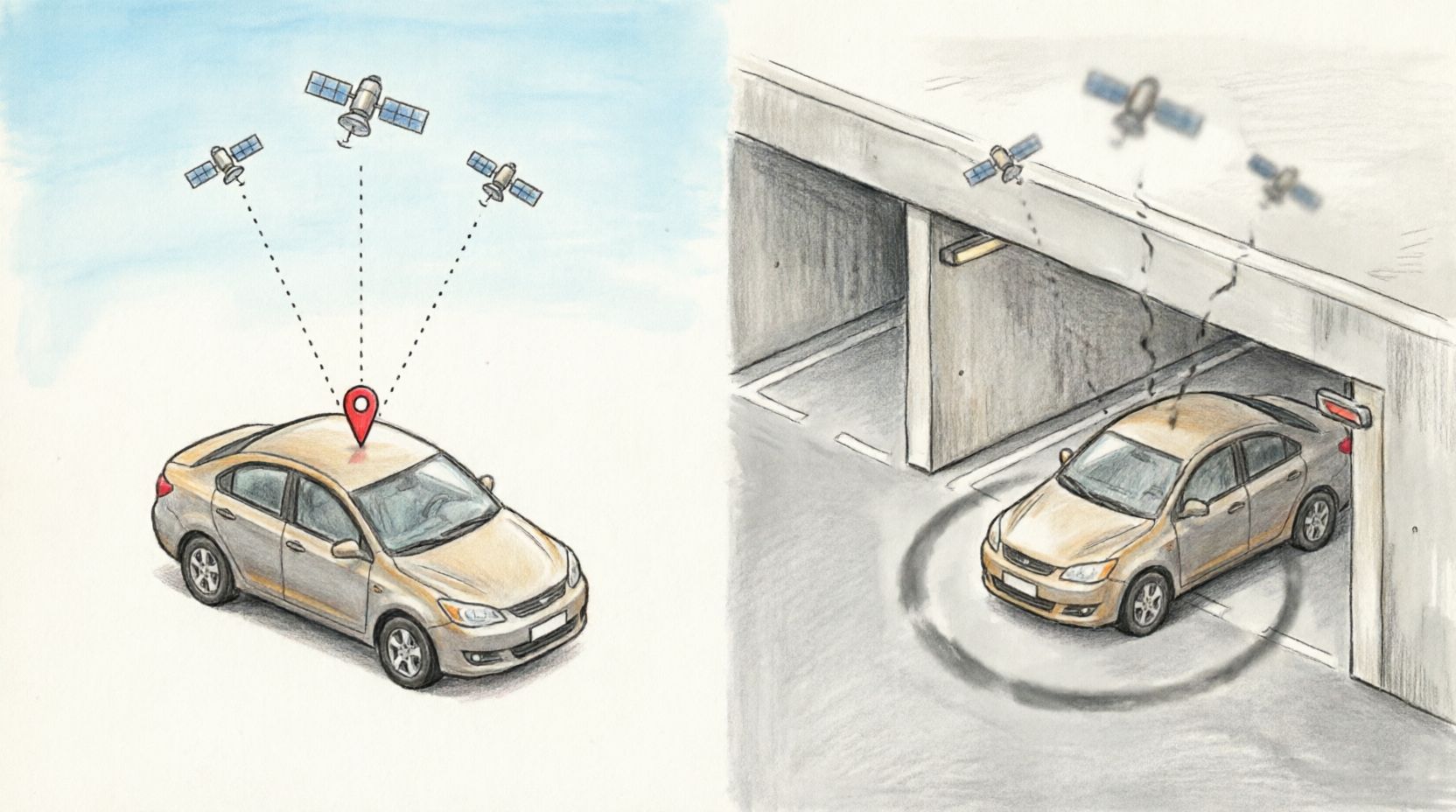 Точность сигнала GPS на открытой местности и в подземном паркинге