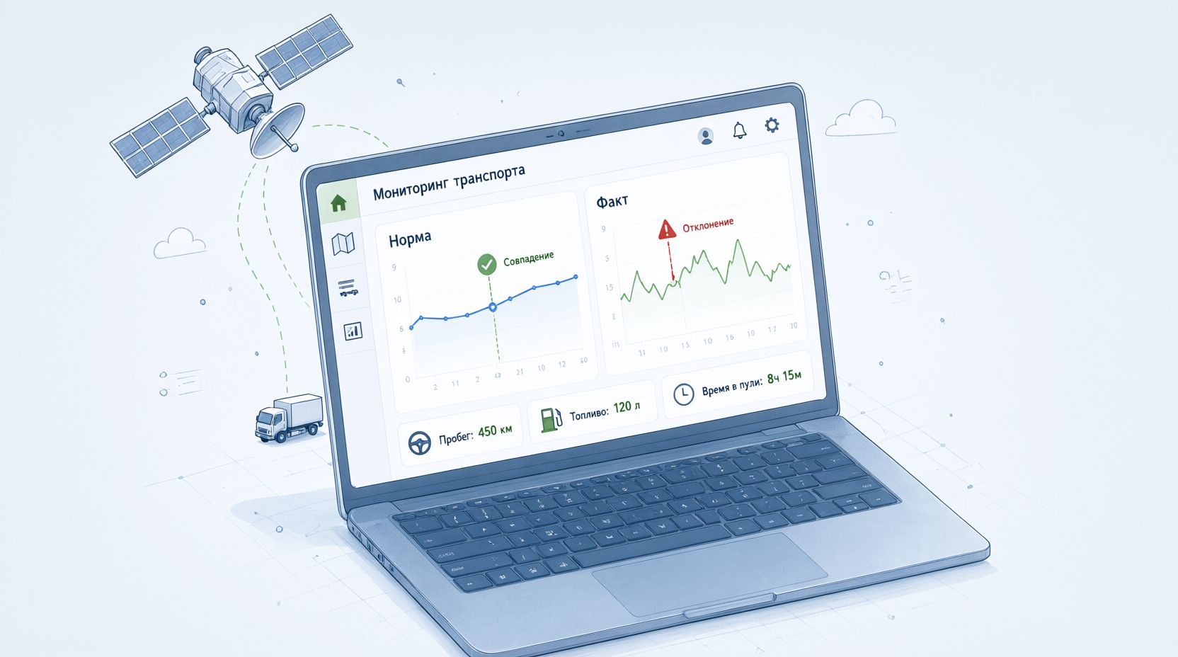 Isometric dashboard showing Norma vs Fakt fuel comparison with satellite connection
