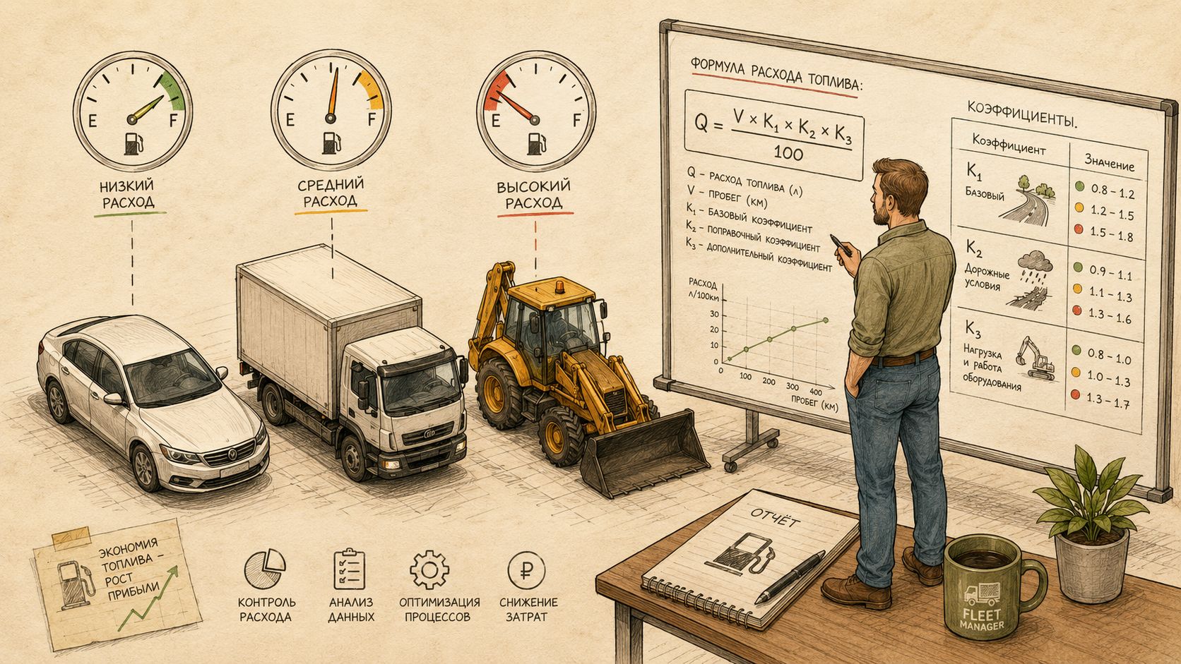 Isometric illustration of fleet manager with vehicles and fuel formula whiteboard